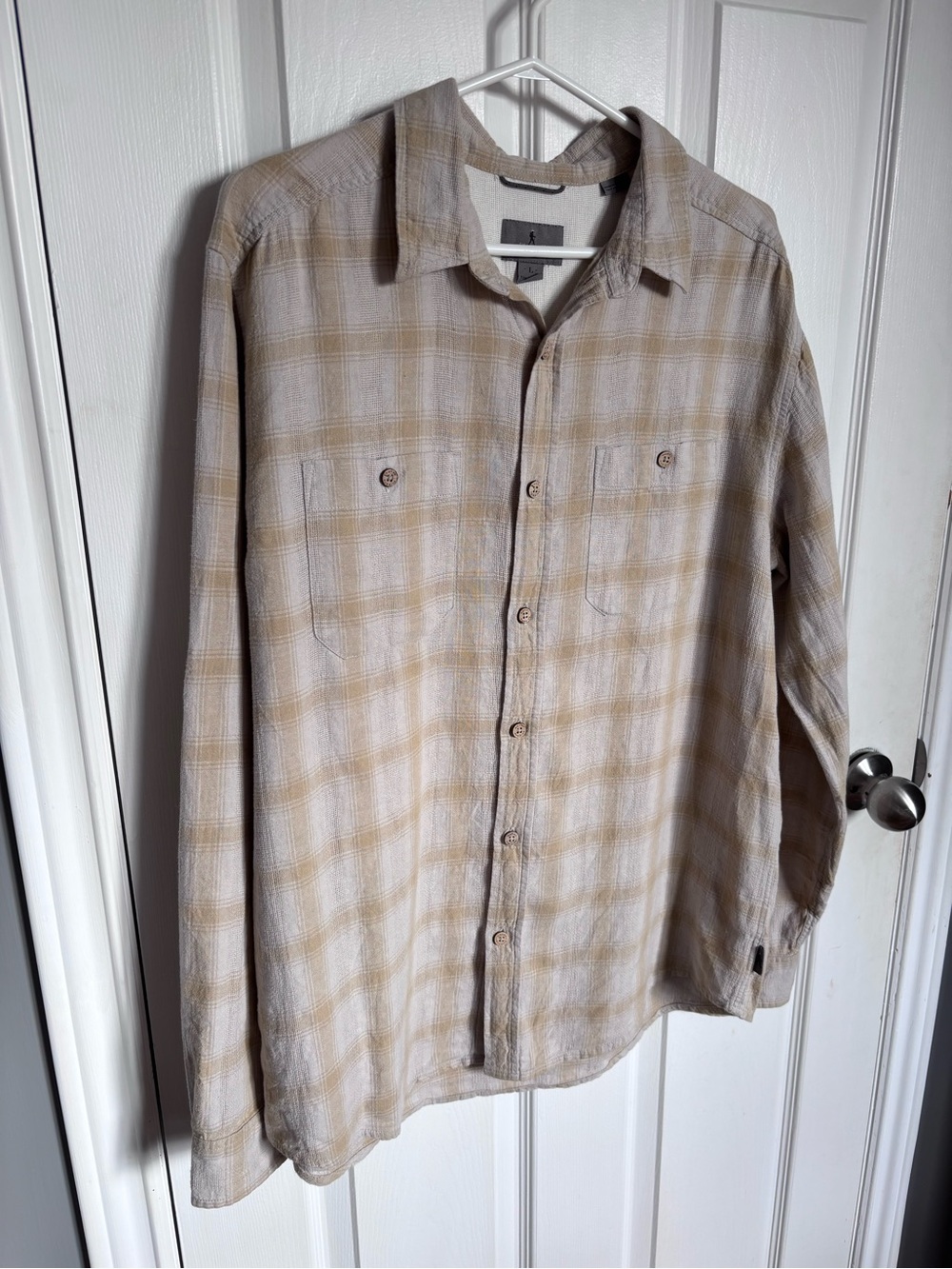 Royal Robbins Linen Cotton Plaid Button Down Shirt Beige Tan Large L Men